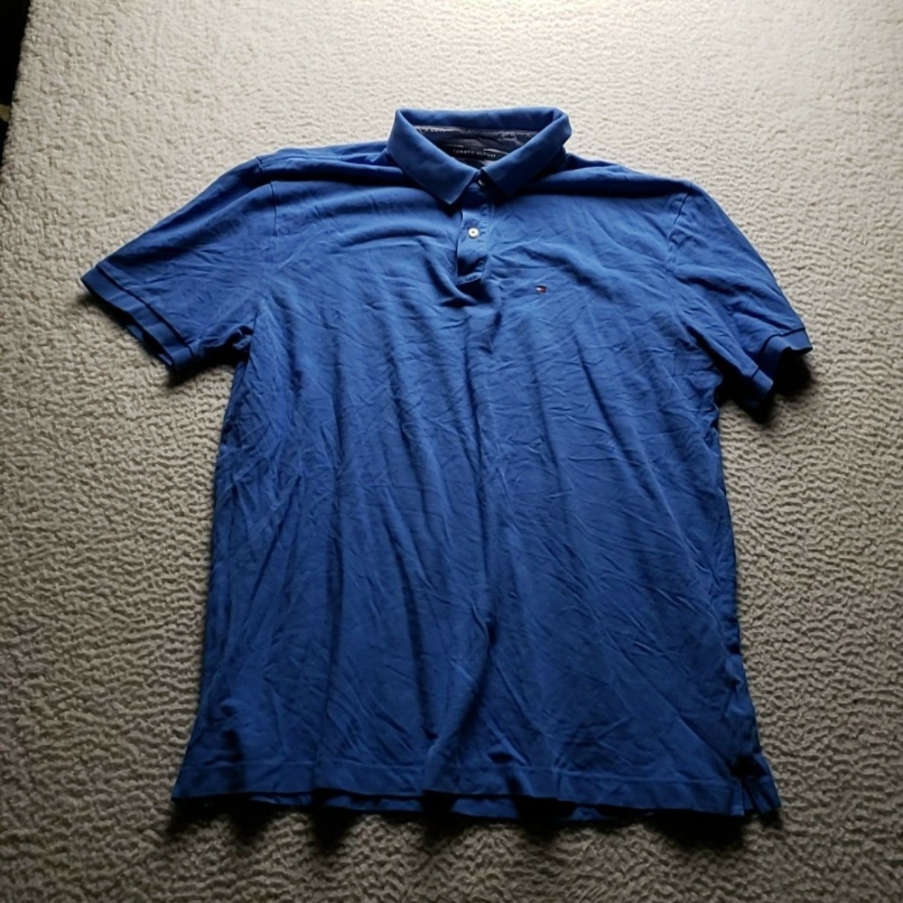 Tommy Hilfiger Polo Shirt Mens 2XL Blue Solid Custom Fit Short Sleeve Knit Top